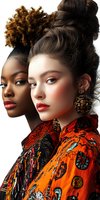 Two diverse models wearing vibrant ethnic print dresses in orange and black tones showcase glamorous makeup with red lips and updo hairstyles against white background.