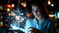 Young woman interacting with glowing digital hologram sphere with network connections against dark background with bokeh lights.