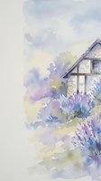 Watercolor painting of rustic cottage with lavender garden in soft purple and blue tones, countryside landscape art for home decor and wall prints.