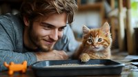 Young Caucasian man with beard smiling at ginger kitten standing in litter box. Pet care and bonding moment between owner and domestic cat in home environment.