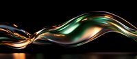 Flowing metallic liquid wave with green and copper colors against black background creates dynamic motion effect for luxury design and advertising backgrounds.