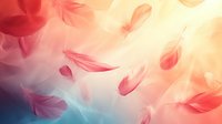 Ethereal pink and coral feathers floating against dreamy pastel background with soft bokeh effect creates serene, romantic atmosphere for wellness and spiritual designs.