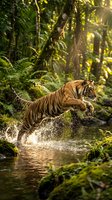 Tiger running through shallow stream in lush tropical forest with dense vegetation and golden sunlight filtering through canopy, wildlife and nature photography.