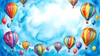 Watercolor hot air balloons and colorful round balloons framing a blue sky background with copy space for text or design.