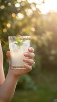 Woman holding refreshing lemonade with mint leaves outdoors in summer garden setting with bokeh background, ideal for beverage and lifestyle marketing.