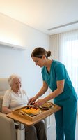 Young female nurse in teal scrubs serving healthy meal to elderly woman patient in modern hospital room with natural lighting for healthcare dining.