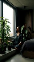 Woman sitting by large window with potted plants in modern bedroom, looking outside, wearing dark cardigan, natural daylight, contemporary interior design, mindfulness and relaxation.