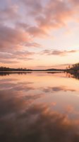 Serene lake at sunrise with soft pink and orange clouds reflected in calm water, bare trees lining shoreline during golden hour.