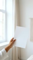 Hand holding blank white paper sheet near bright window with natural daylight, suitable for mockup, branding, and presentation designs.