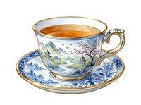 Porcelain teacup and saucer with blue and white Asian landscape design, gold trim, cherry blossoms, mountains, pagoda, isolated on white background for design projects.
