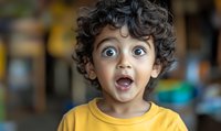Surprised young child with curly dark hair and expressive blue eyes wearing yellow t-shirt shows genuine excitement and wonder against blurred background.
