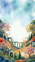 Watercolor fantasy landscape with colorful blooming trees, arched bridges, and Mediterranean village hills under a soft blue sky.