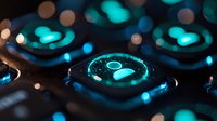 Illuminated gaming keyboard with turquoise LED backlight glowing in dark. Close-up macro shot showing mechanical keys with power button symbols and bokeh effects.