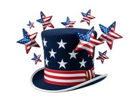Patriotic top hat with stars and stripes design surrounded by decorative star elements, isolated on white background for holiday celebrations and independence day projects.