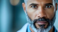Confident mature African American man with salt and pepper beard and intense blue eyes gazing directly at camera against turquoise background, close-up portrait.
