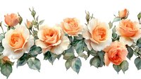Delicate peach roses with green leaves arranged in horizontal border composition on white background, seamless floral pattern for decorative design and wallpaper.