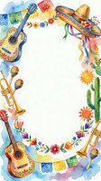 Watercolor Mexican fiesta frame with guitars, sombrero, maracas, trumpets, cactus and colorful flowers on white background for party invitations and celebrations.