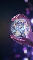 Hands holding glowing crystal sphere with clock and calendar inside, representing time management, scheduling, and business planning against blurred purple background.