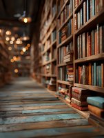 Cozy library interior with wooden bookshelves filled with books and warm ambient lighting creating atmospheric reading environment for study and research.