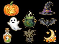 Halloween clipart set with jack-o-lantern, ghost, witch hat, bat, cauldron, spider web, poison bottle, and moon isolated on transparent background for stickers, T-shirts, print on demand.