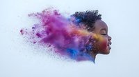 Young African woman profile with colorful powder explosion effect creating ethereal dispersing particles in purple, blue and orange hues against white background.
