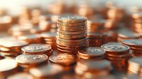 Stack of copper coins with shallow depth of field creating bokeh effect, representing savings, investment and financial growth concepts for business use.