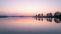 Serene lake at dawn with pink and purple sky reflecting on calm water, silhouetted trees along shoreline, peaceful nature landscape for meditation and relaxation projects.