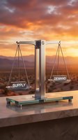 Metal balance scale with supply and demand labels against dramatic sunset sky, symbolizing economic equilibrium and market forces in business finance.