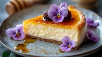 Slice of creamy cheesecake topped with orange caramel sauce and purple edible pansies on rustic plate, close up view of gourmet dessert with floral decoration.