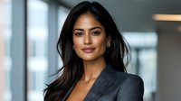 Young South Asian businesswoman in grey pinstripe suit smiling confidently at camera in modern office setting with blurred background, professional corporate portrait.