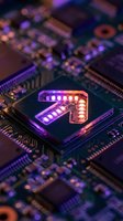 Futuristic computer processor chip with glowing purple and orange LED lights on circuit board showcasing advanced semiconductor technology and electronic components.