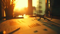 Business documents and eyeglasses on desk illuminated by warm sunset light through window, creating dramatic shadows across financial charts and graphs.