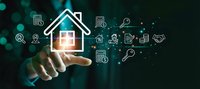 Smart home technology concept with hand touching digital house icon surrounded by connected IoT device symbols on dark background for modern automation solutions.
