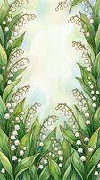 Watercolor lily of the valley floral frame with white bell flowers and green leaves, soft pastel background with copy space for text.
