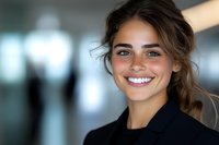 Young Caucasian businesswoman with natural makeup and bright genuine smile wearing black blazer against blurred office background, professional headshot portrait.