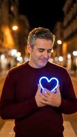 Middle-aged Caucasian man holding glowing blue neon heart symbol on chest at night in urban street setting with warm city lights creating romantic atmosphere.