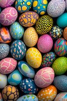 Colorful decorated Easter eggs with intricate patterns, dots, swirls and geometric designs in vibrant spring colors arranged on dark background for holiday celebration.