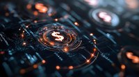 Glowing dollar symbol with futuristic HUD interface elements and orange light effects on dark technology background with digital data visualization.