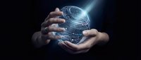 Hands holding glowing digital globe with holographic network connections, representing global technology, data transfer, and worldwide digital communication for business and innovation concepts.