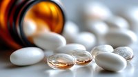 White oval pills and transparent gel capsules scattered near amber prescription bottle on light surface, macro pharmaceutical shot for medical concepts.