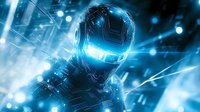 Futuristic cyborg warrior in glowing blue neon lights against dark background with digital circuit patterns and light effects, representing advanced technology and AI concept.