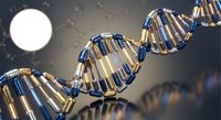 DNA double helix structure with metallic blue and gold finish on gradient background for scientific research and biotechnology applications.