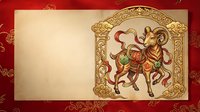 Ornate golden frame with decorative elephant carrying rider on red patterned background. Traditional Asian art style with intricate details and cultural motifs.