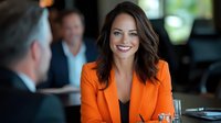 Young Caucasian businesswoman in orange blazer smiling confidently during meeting at modern office. Professional female executive shows leadership and success.