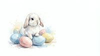 Adorable white bunny rabbit sitting among colorful pastel Easter eggs in soft watercolor style on white background for spring holiday designs.