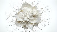 Creamy milk splash with dynamic droplets and waves frozen in motion against white background for beverage and dairy product advertising.