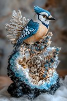 Blue jay perched on crystalline formation adorned with gemstones and precious minerals. Decorative bird figurine combines natural avian beauty with luxurious jewelry elements.