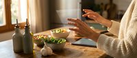 Woman using smartphone while preparing healthy salad in modern kitchen with natural lighting and organic ingredients on wooden counter.