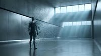 Silhouette of male figure dissolving into particles in modern minimalist interior with industrial windows and concrete walls, representing transformation and digital concepts.