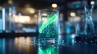 Glowing green liquid in glass container with magical sparkles and bokeh lights on dark background creates mystical laboratory atmosphere.